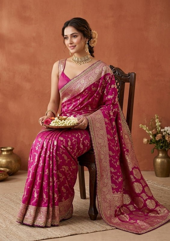 Wine Silk Banarasi Gold Stonework Saree With Matching Blouse Piece