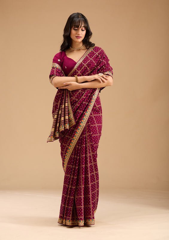 Wine Soft Raw Silk Bandhej Gold Zariwork Saree With Matching Blouse Piece