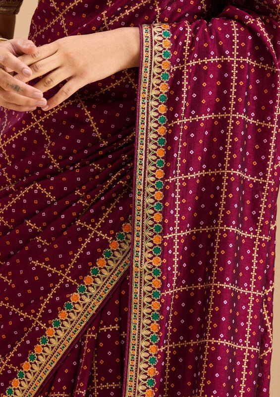 Wine Soft Raw Silk Bandhej Gold Zariwork Saree With Matching Blouse Piece - Image 6