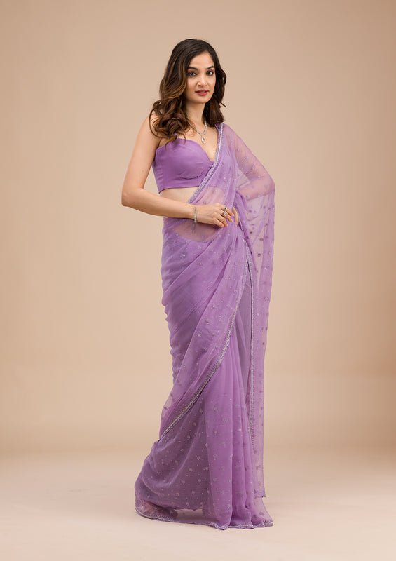 Lavender Chiffon Threadwork Saree With Matching Blouse Piece