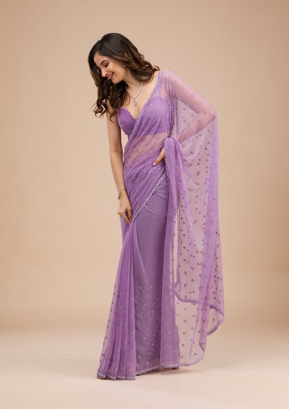Lavender Chiffon Threadwork Saree With Matching Blouse Piece - Image 2