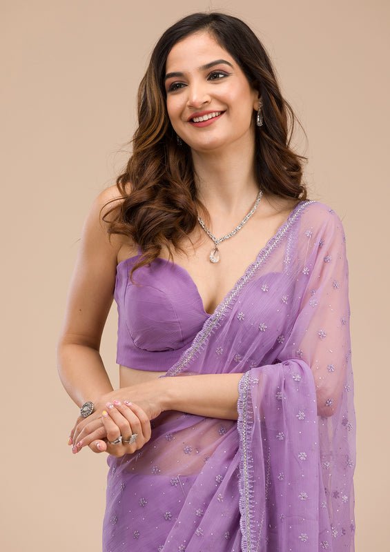 Lavender Chiffon Threadwork Saree With Matching Blouse Piece - Image 3