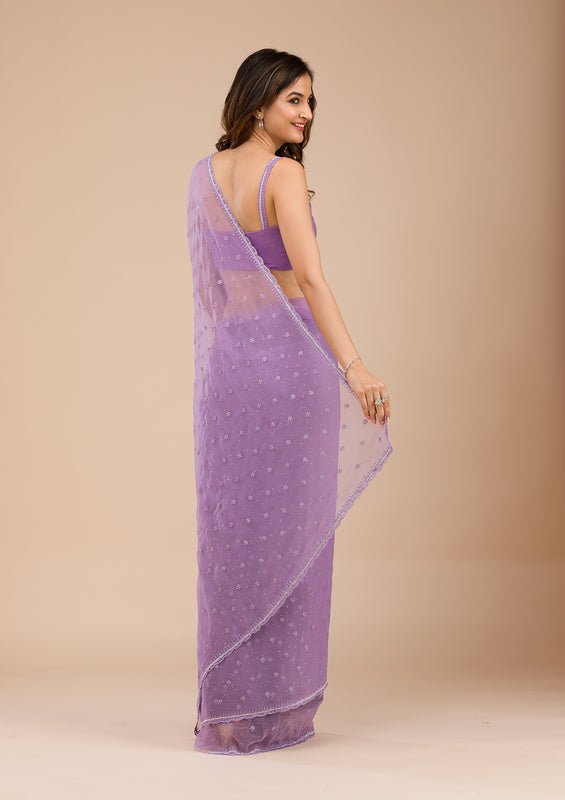 Lavender Chiffon Threadwork Saree With Matching Blouse Piece - Image 4