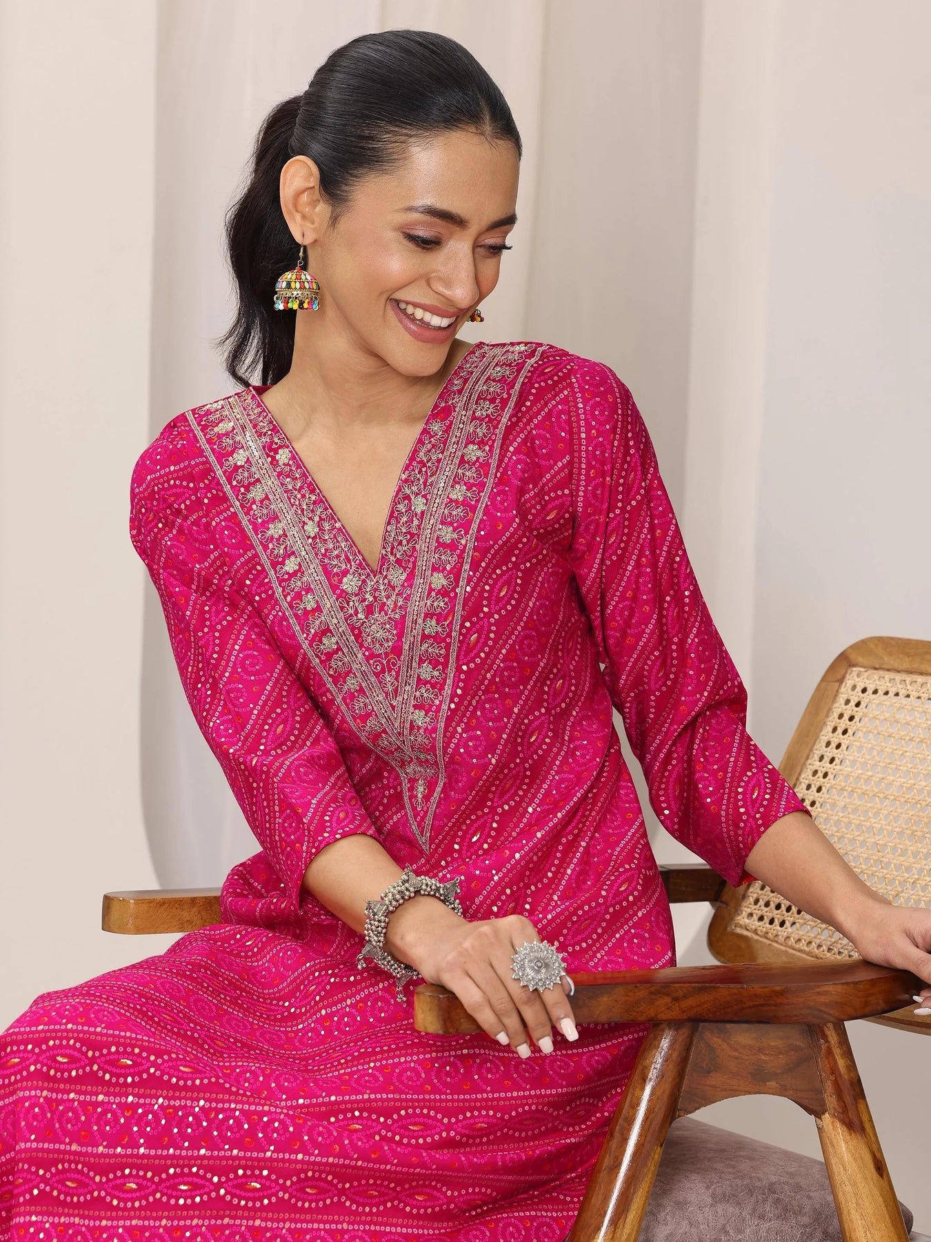 Libas Pink Printed Silk Blend Straight Kurta