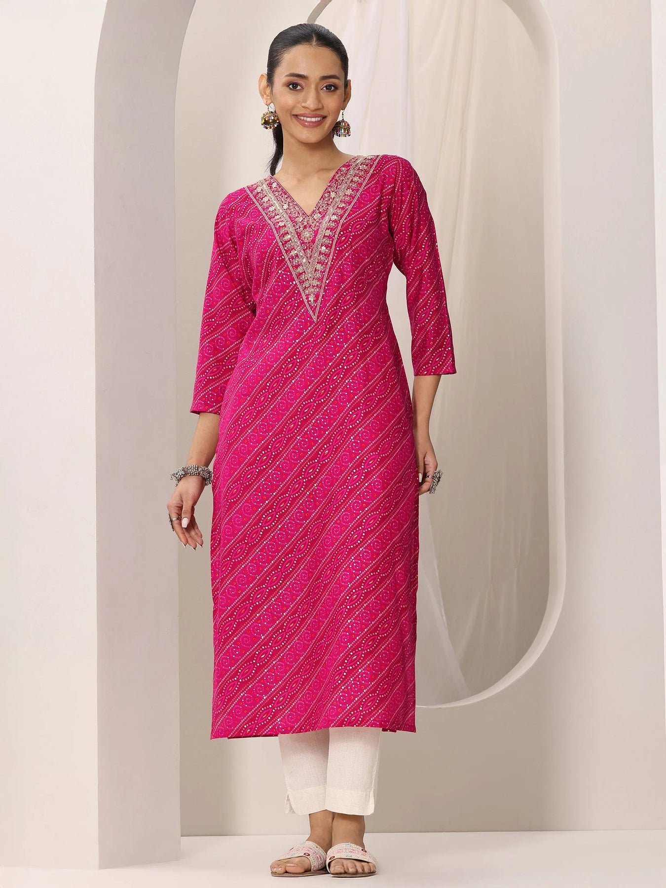 Libas Pink Printed Silk Blend Straight Kurta - Image 2