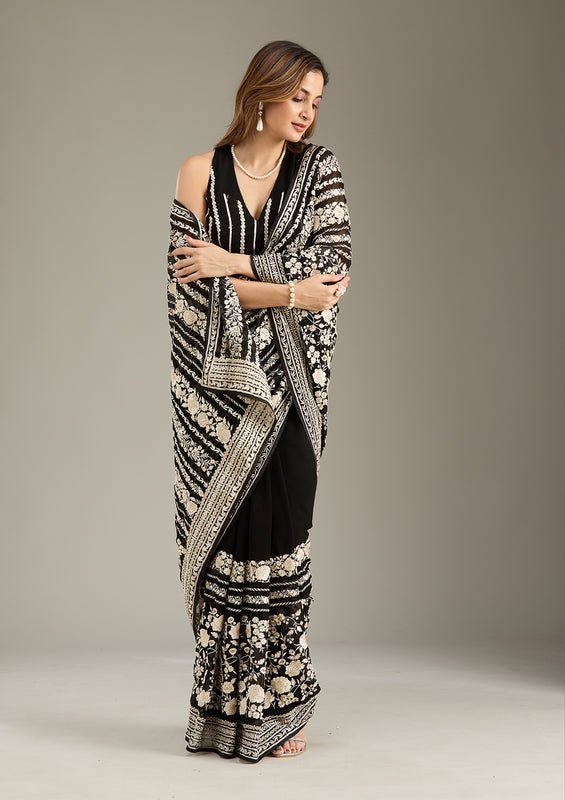 Black Georgette Threadwork Saree With Matching Blouse Piece