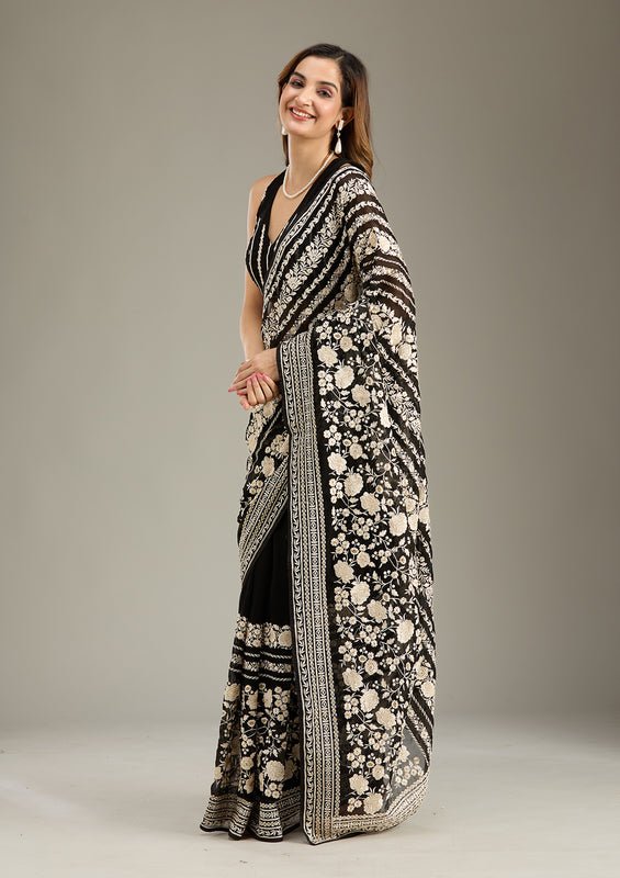 Black Georgette Threadwork Saree With Matching Blouse Piece - Image 2