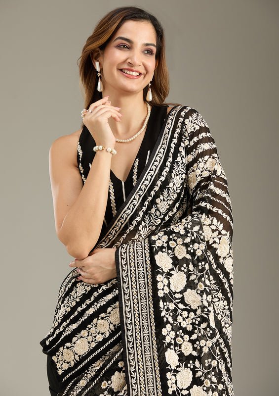 Black Georgette Threadwork Saree With Matching Blouse Piece - Image 3