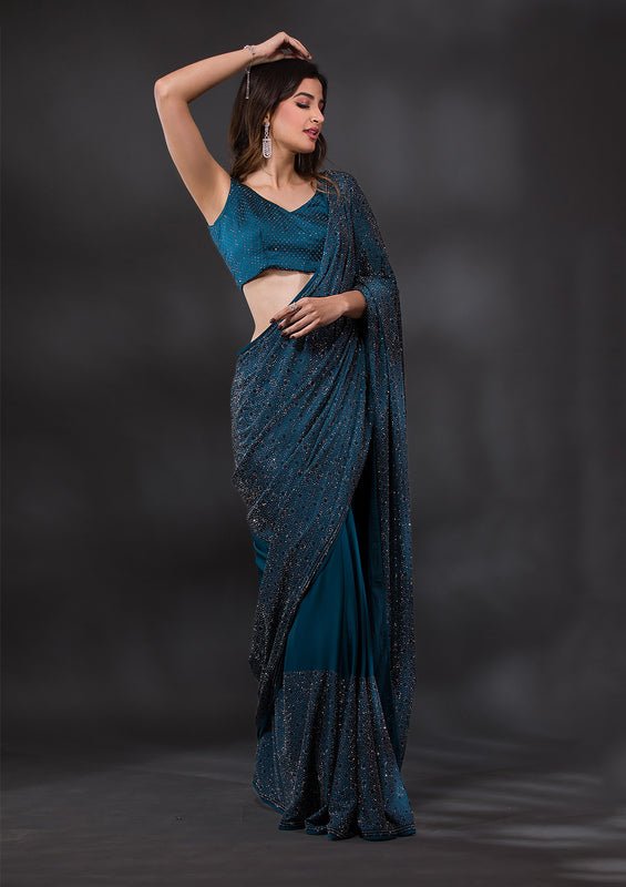 Peacock Blue Satin Silver Stonework Saree With Matching Blouse Piece - Image 3