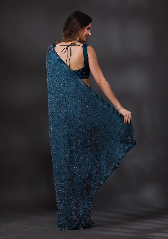 Peacock Blue Satin Silver Stonework Saree With Matching Blouse Piece - Image 4