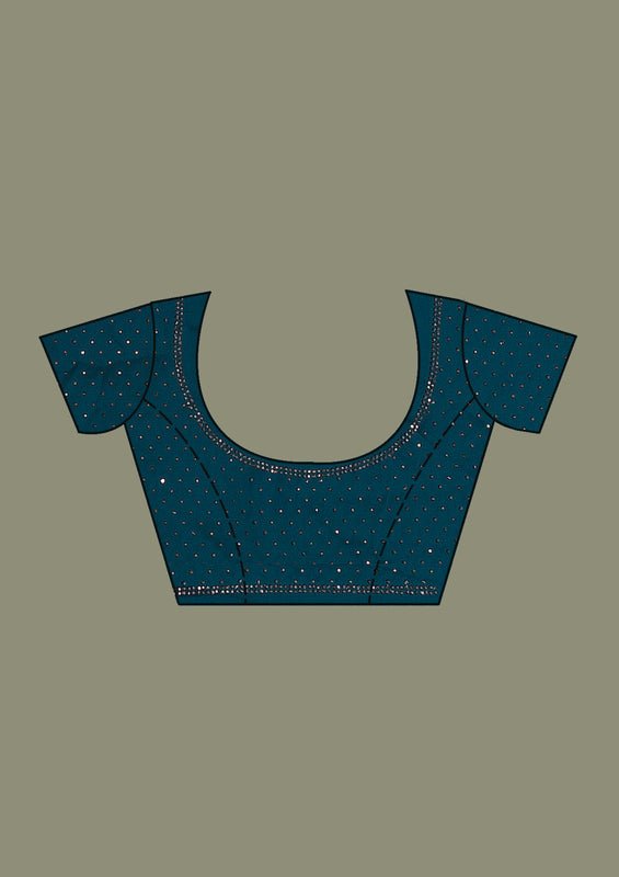 Peacock Blue Satin Silver Stonework Saree With Matching Blouse Piece - Image 8