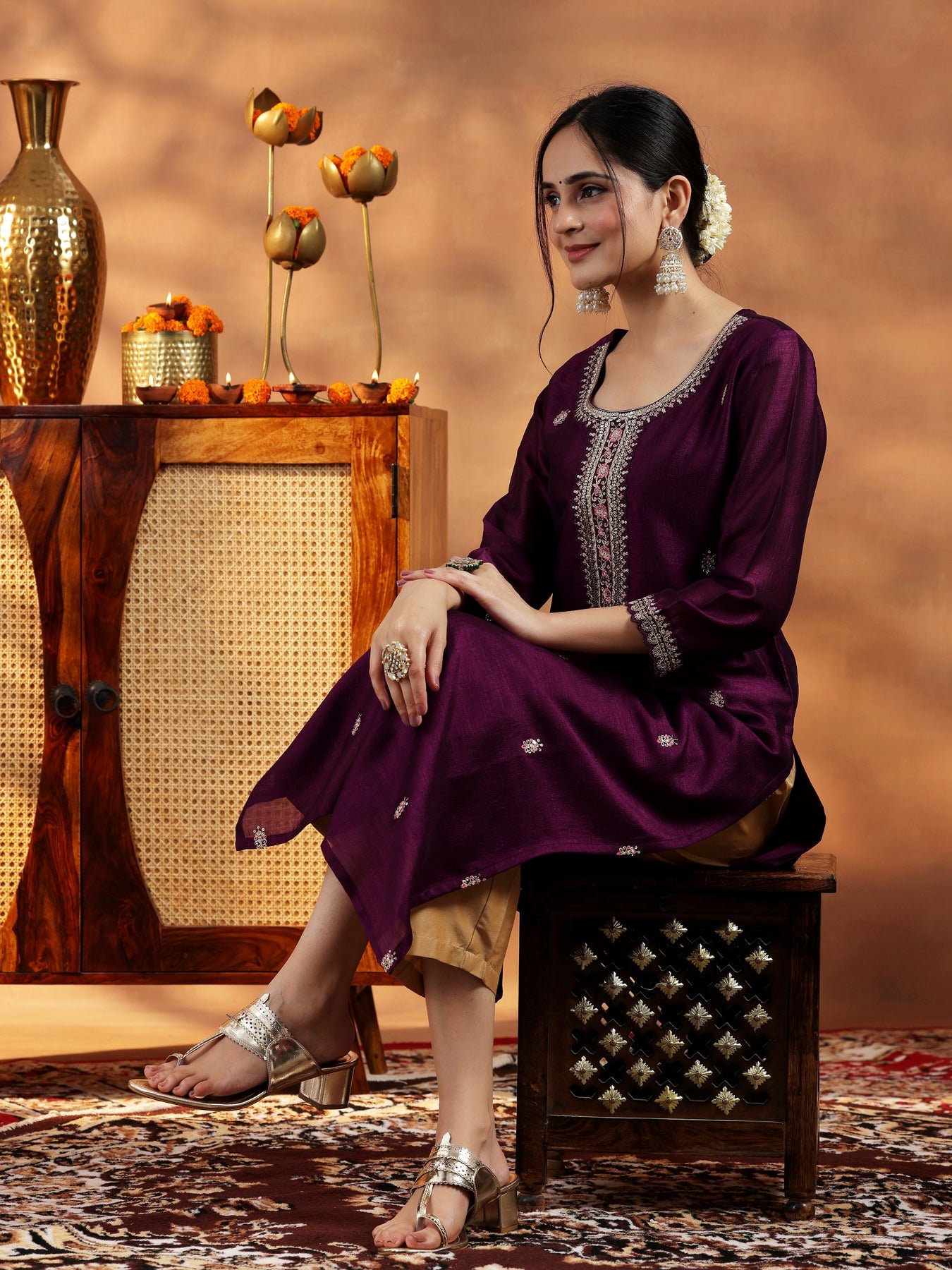 Libas Burgundy Embroidered Silk Straight Kurta