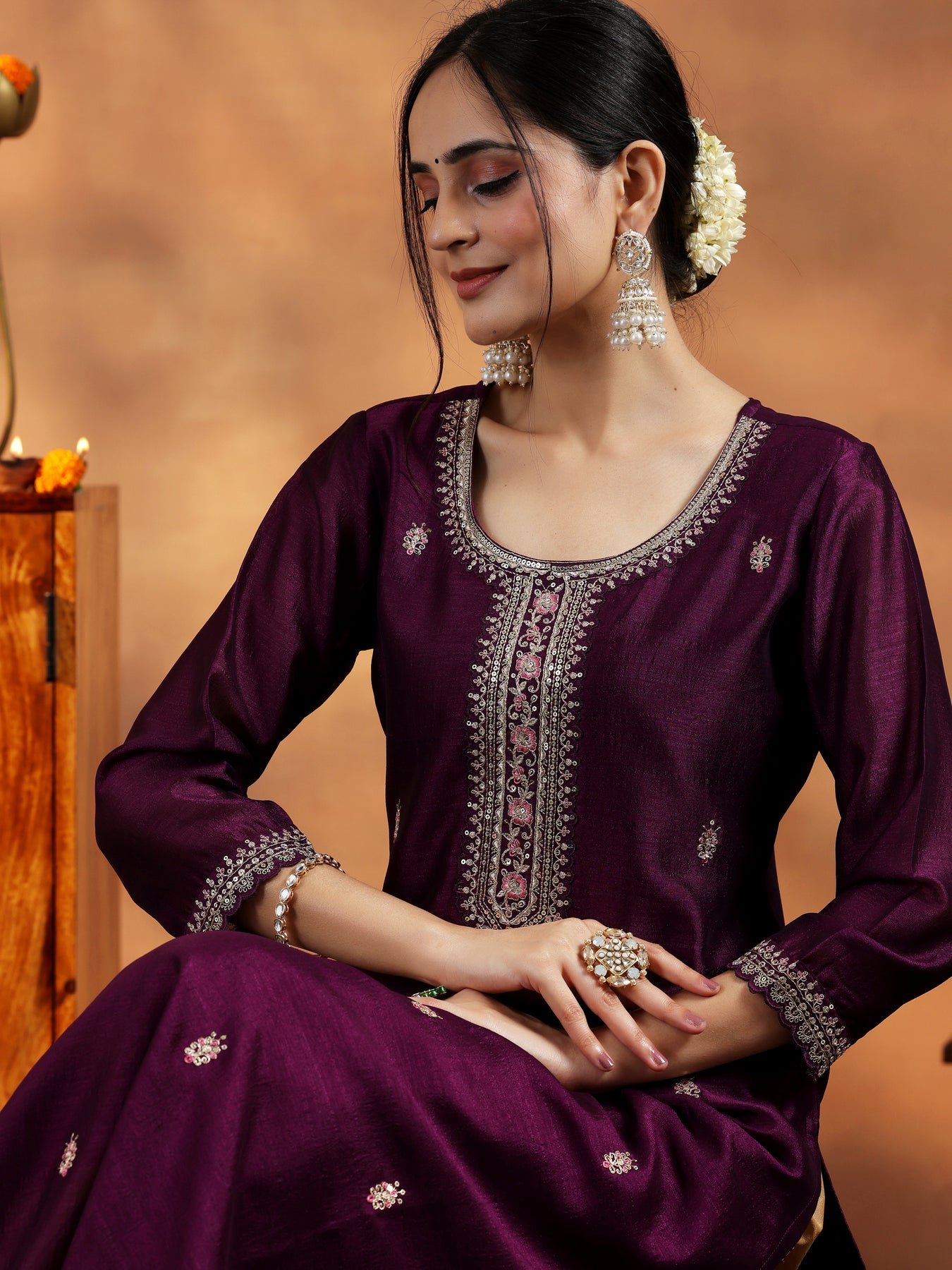 Libas Burgundy Embroidered Silk Straight Kurta - Image 2