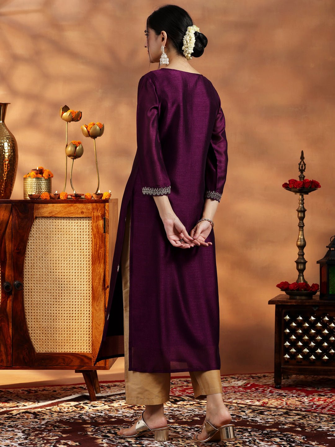 Libas Burgundy Embroidered Silk Straight Kurta - Image 5