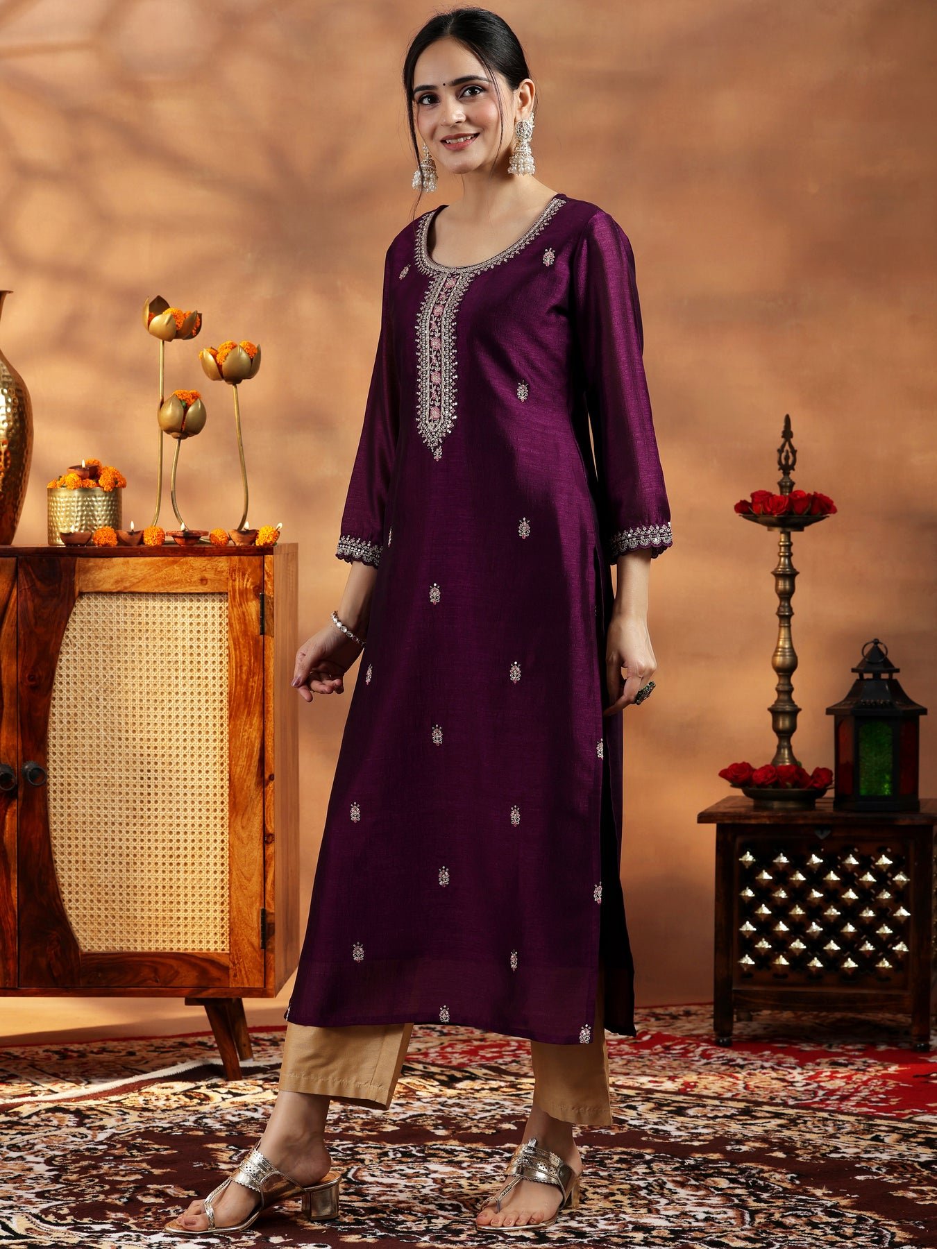 Libas Burgundy Embroidered Silk Straight Kurta - Image 6