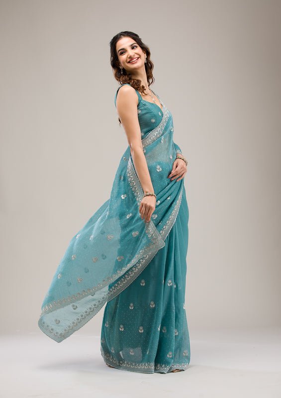 Turquoise Blue Tissue Silver Zariwork Saree With Matching Blouse Piece