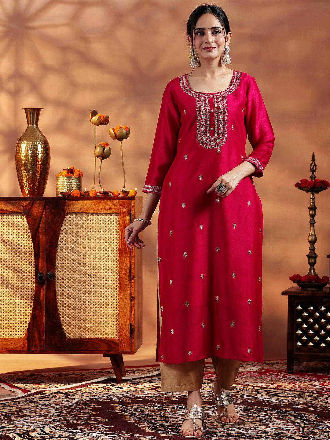 Libas Burgundy Embroidered Silk Straight Kurta - Image 2