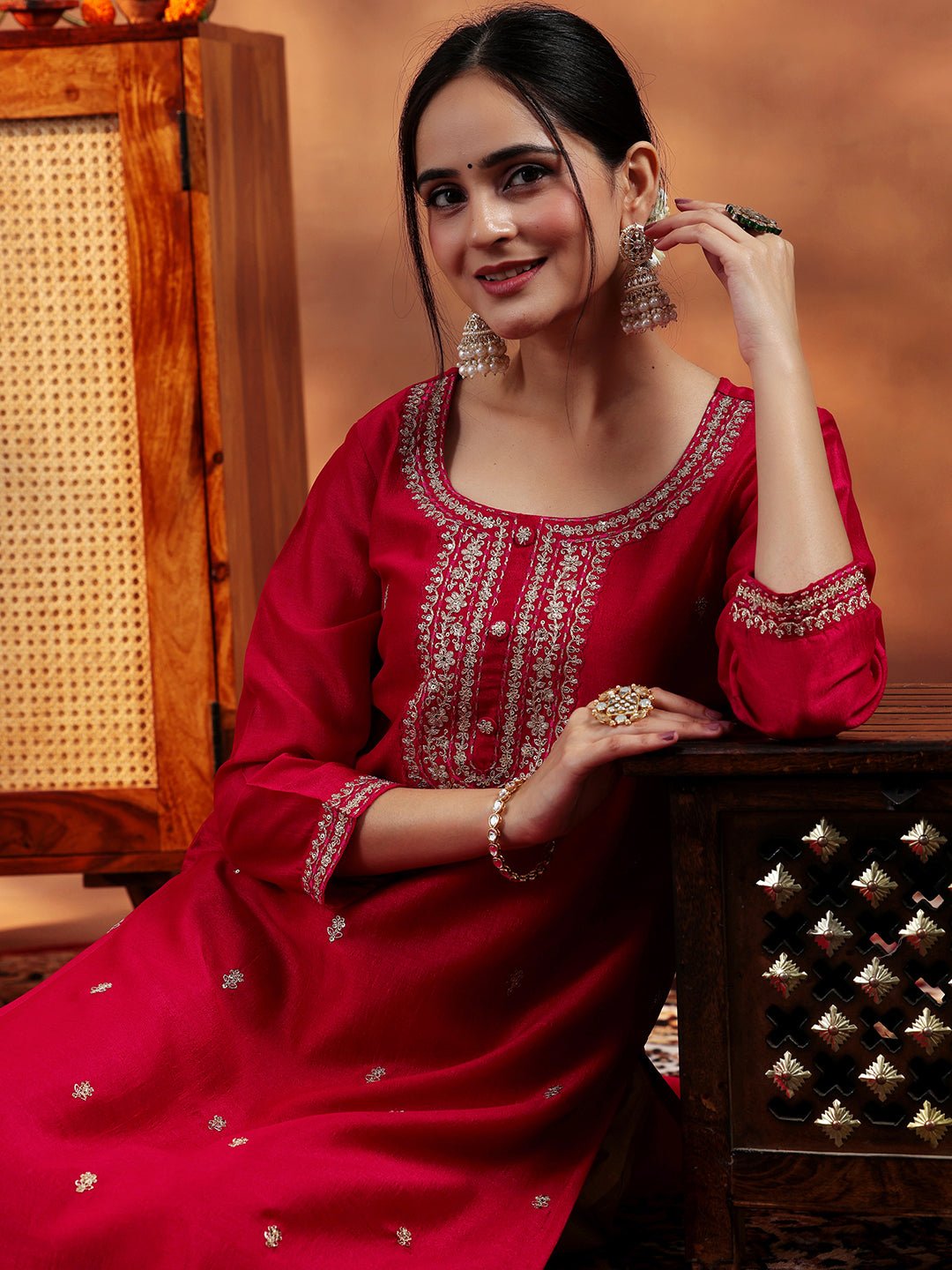 Libas Burgundy Embroidered Silk Straight Kurta - Image 3