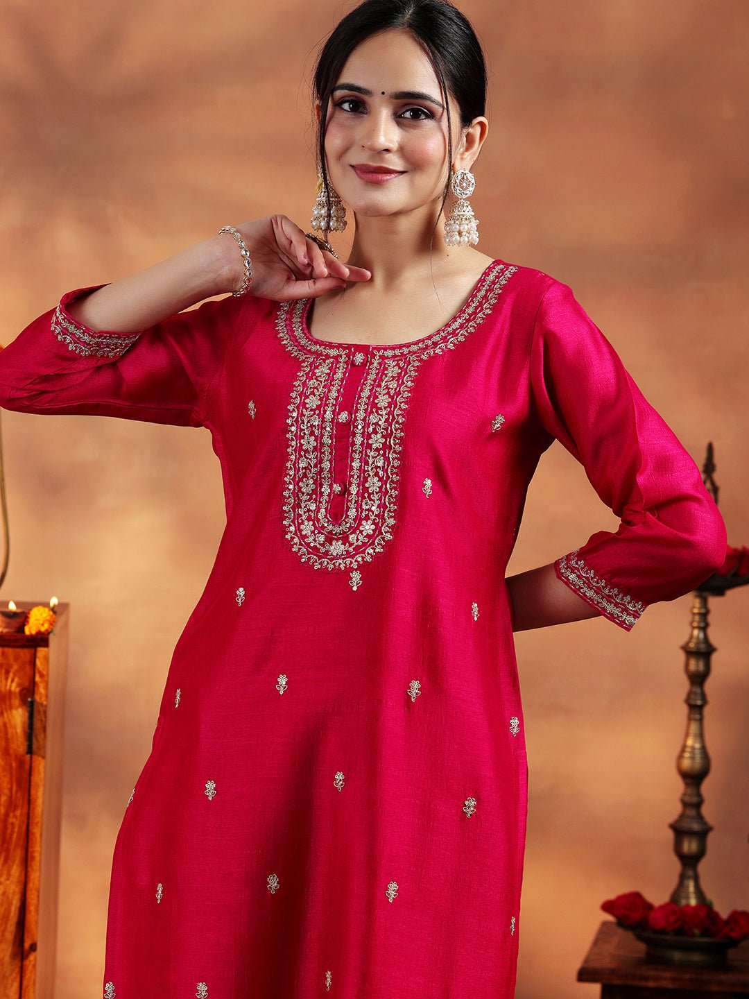 Libas Burgundy Embroidered Silk Straight Kurta - Image 4