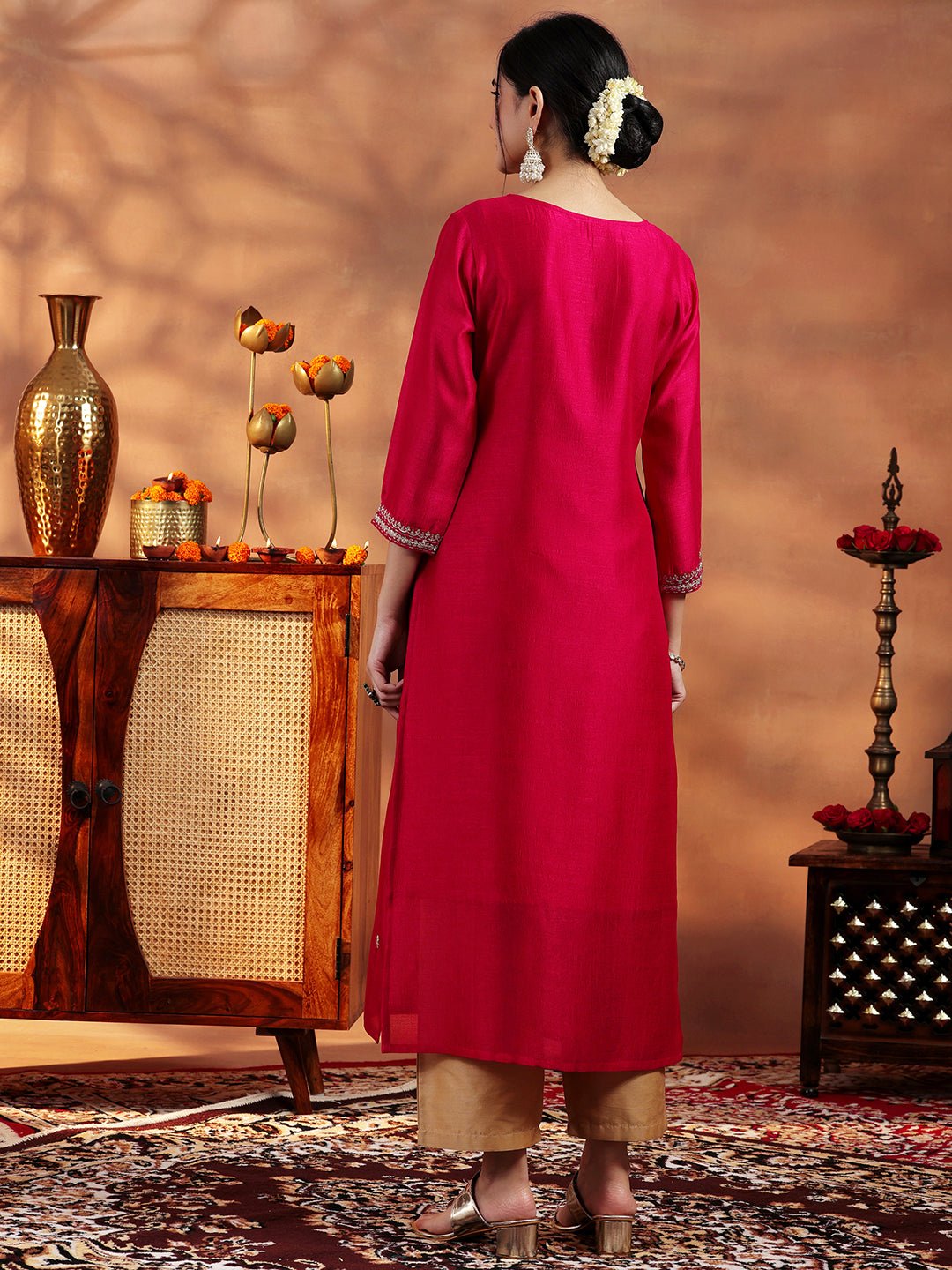Libas Burgundy Embroidered Silk Straight Kurta - Image 5