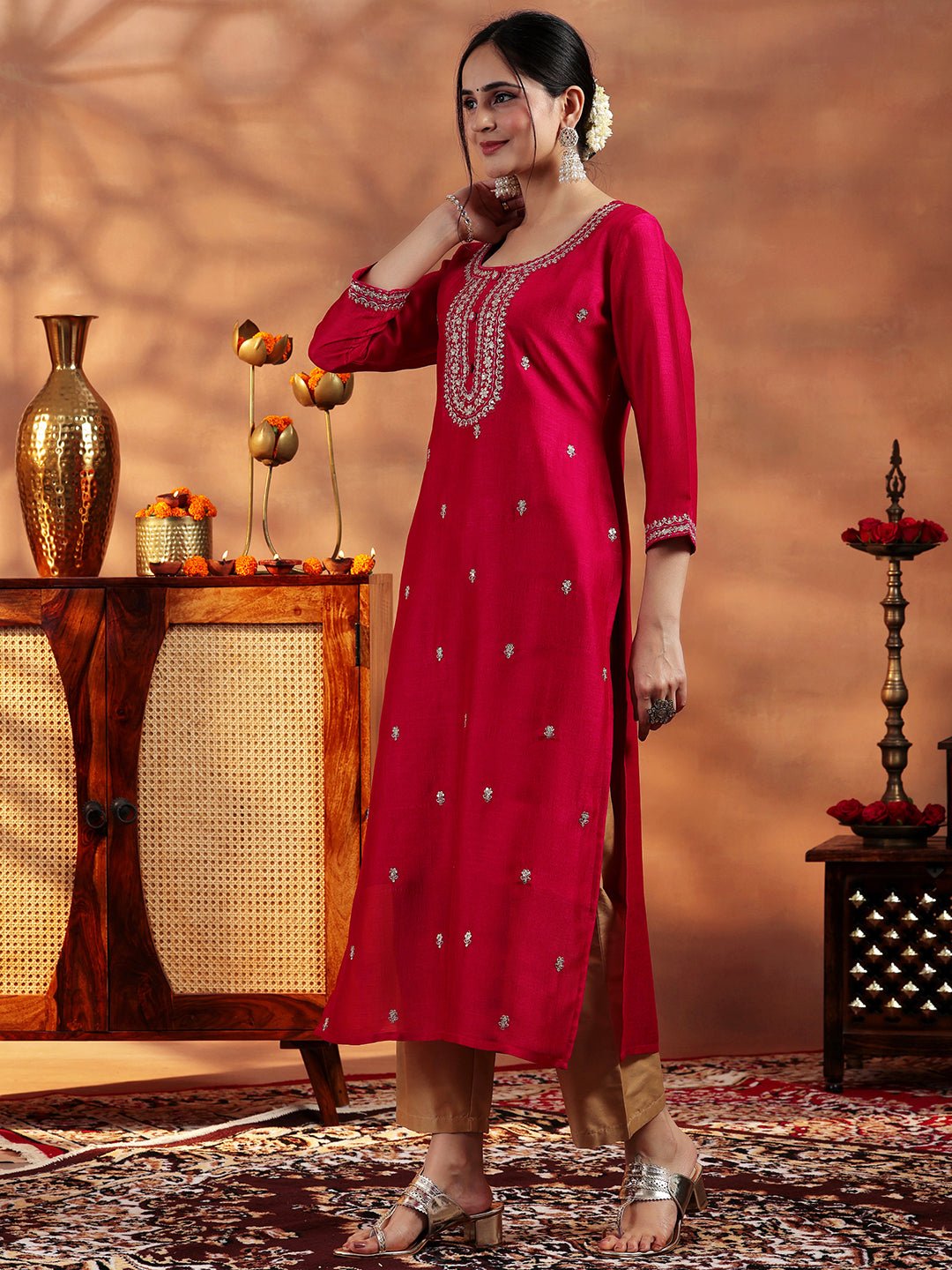 Libas Burgundy Embroidered Silk Straight Kurta - Image 6