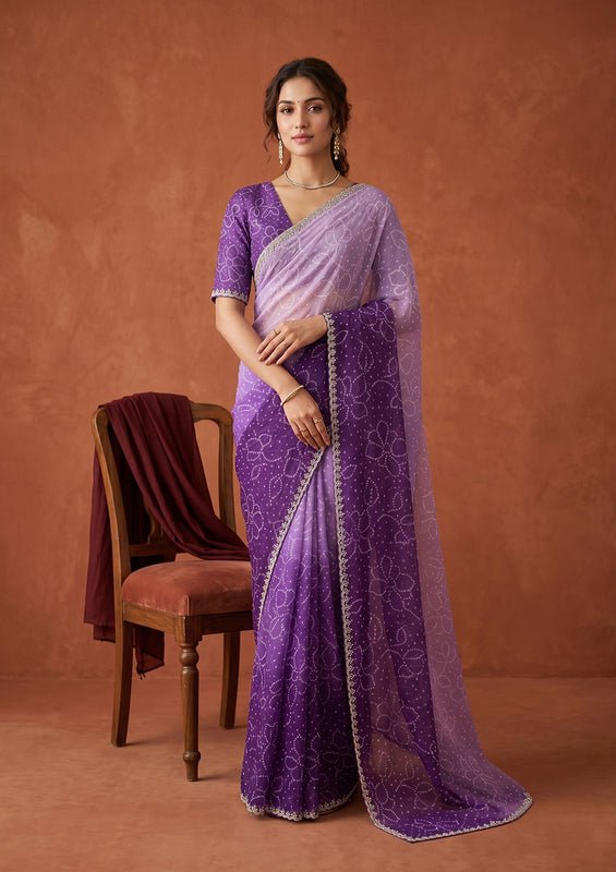 Purple Stonework (Silver) Chiffon Saree