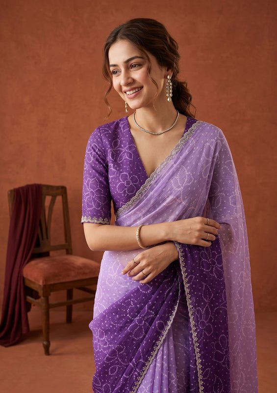 Purple Stonework (Silver) Chiffon Saree - Image 2