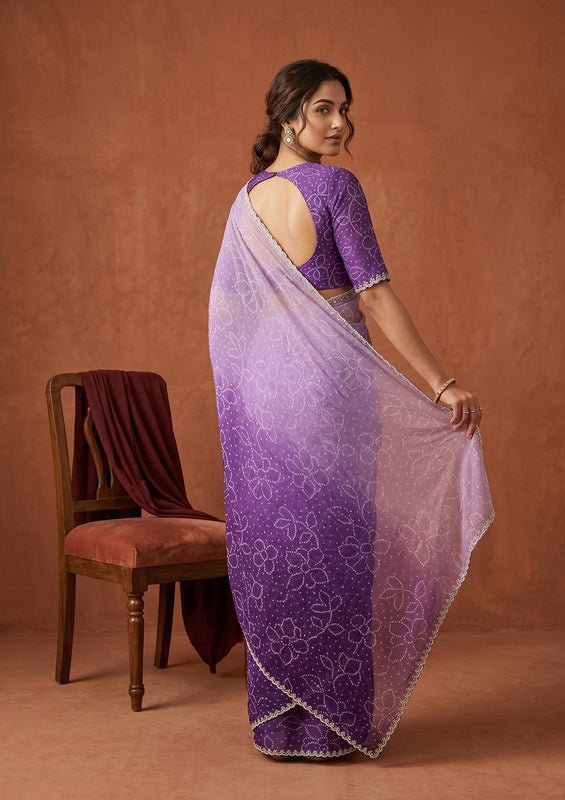 Purple Stonework (Silver) Chiffon Saree - Image 3