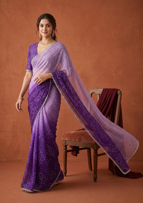 Purple Stonework (Silver) Chiffon Saree - Image 4