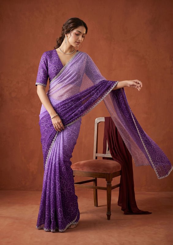 Purple Stonework (Silver) Chiffon Saree - Image 5