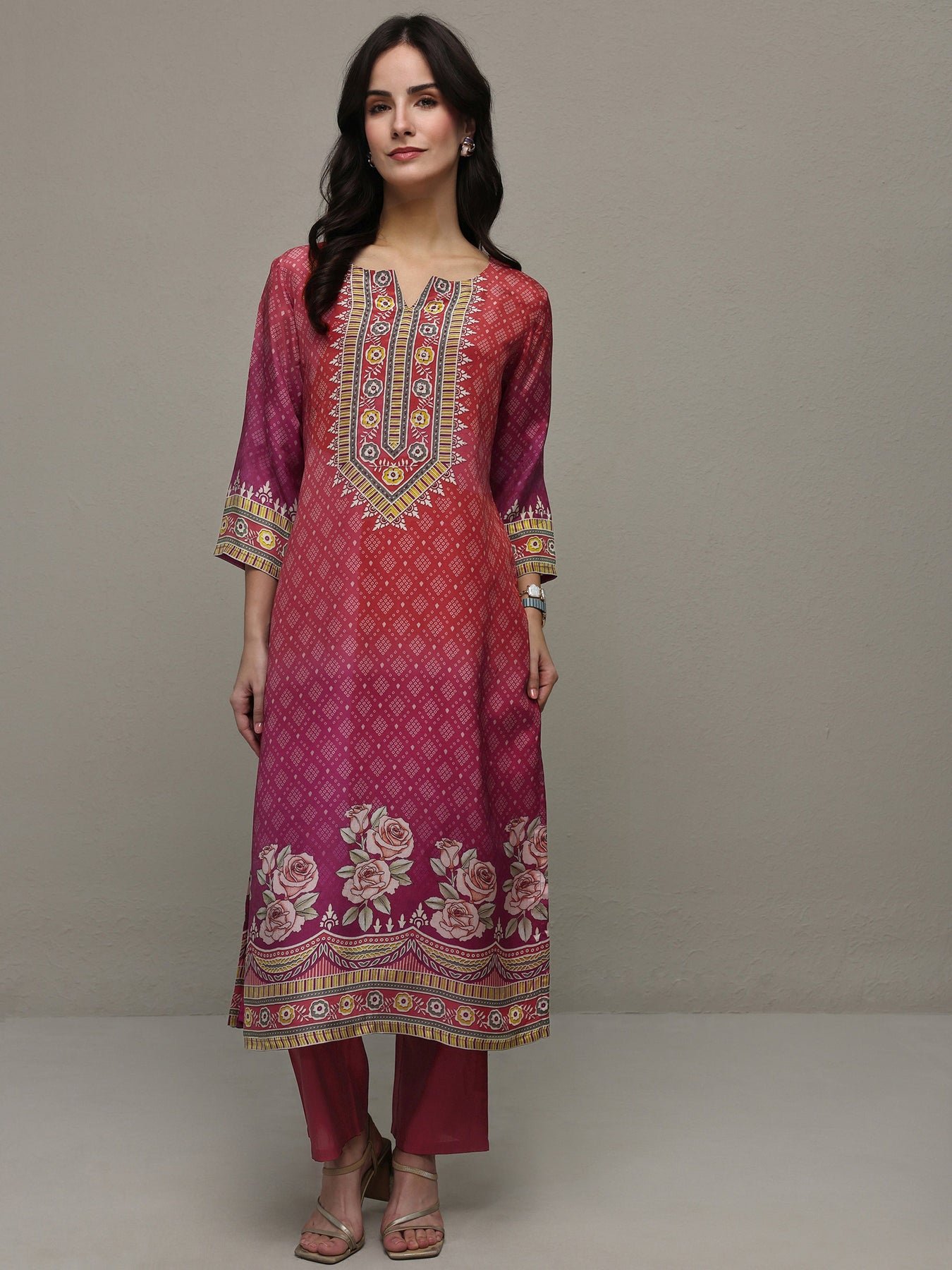 Rust Bandhani Printed Organza Straight Kurta