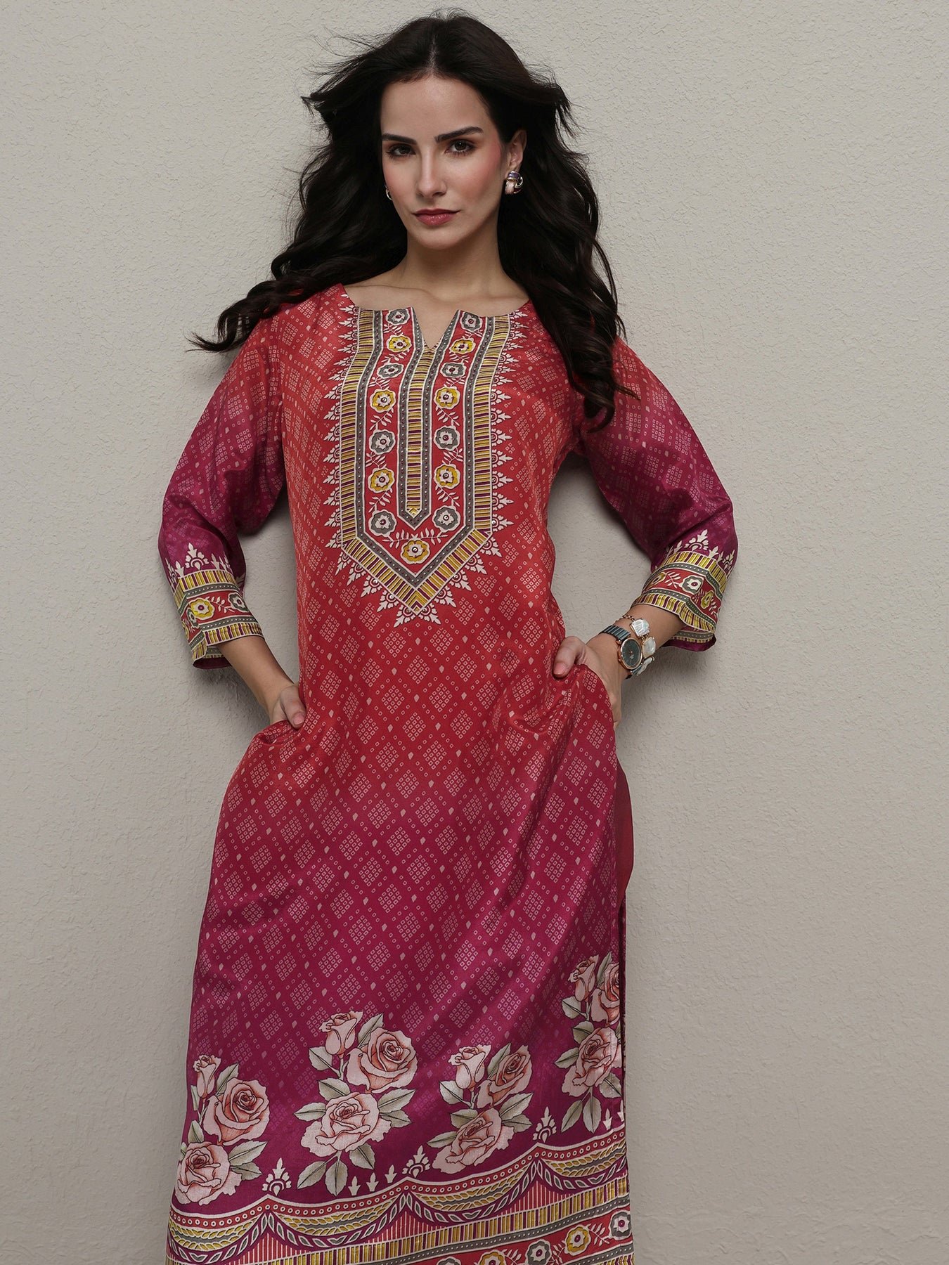 Rust Bandhani Printed Organza Straight Kurta - Image 2