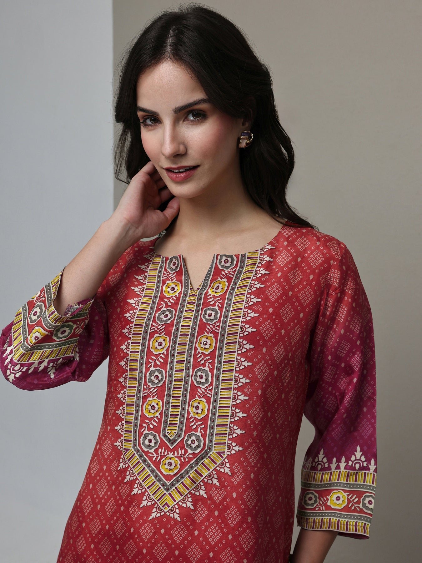 Rust Bandhani Printed Organza Straight Kurta - Image 3