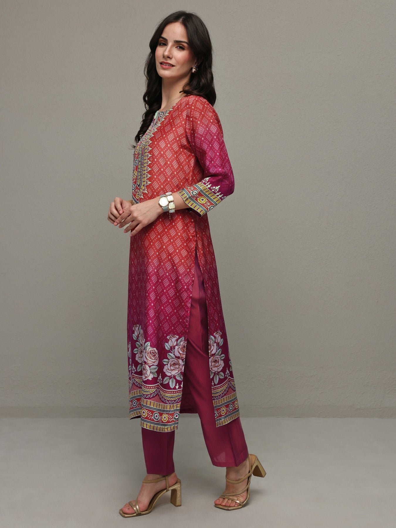 Rust Bandhani Printed Organza Straight Kurta - Image 4
