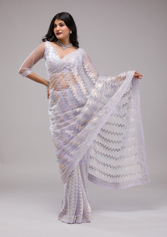 Lavender Organza Sequins Saree With Matching Blouse Piece