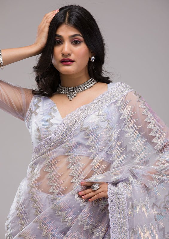 Lavender Organza Sequins Saree With Matching Blouse Piece - Image 2