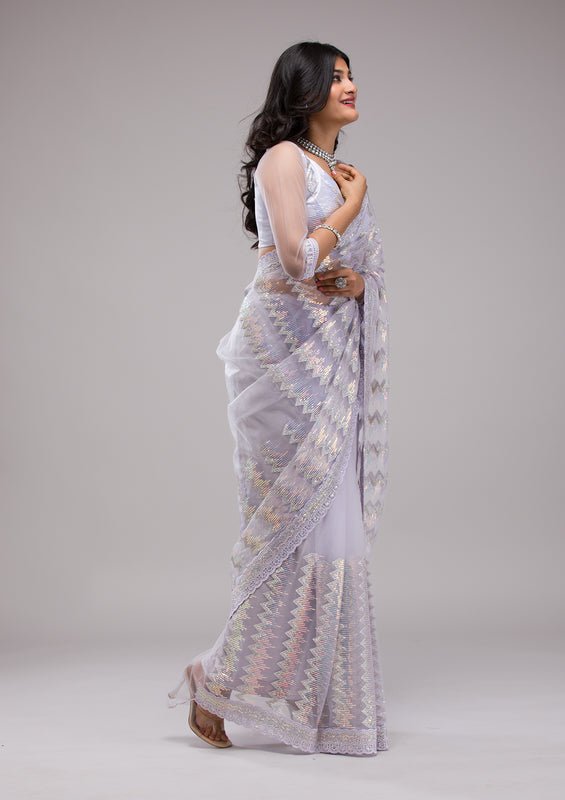 Lavender Organza Sequins Saree With Matching Blouse Piece - Image 3