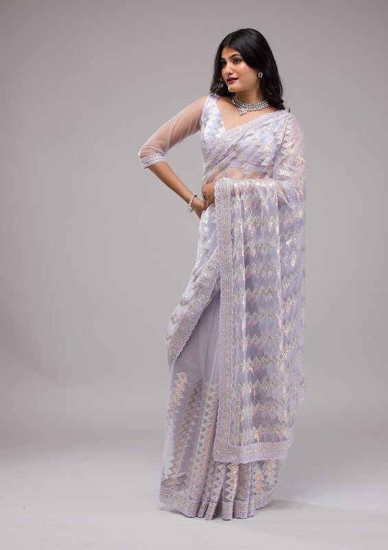 Lavender Organza Sequins Saree With Matching Blouse Piece - Image 5