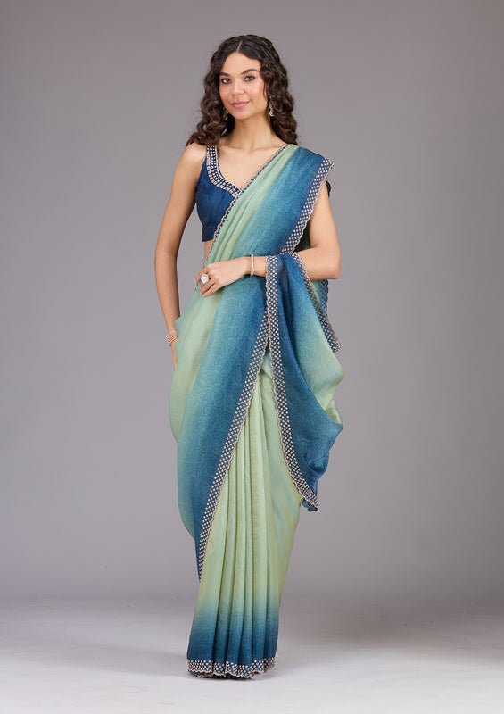 Pista Green Organza Floral Gold Stonework Saree With Matching Blouse Piece