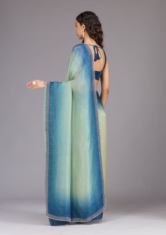 Pista Green Organza Floral Gold Stonework Saree With Matching Blouse Piece - Image 4