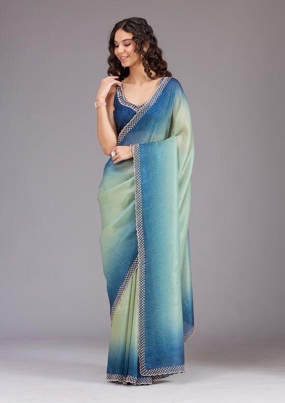 Pista Green Organza Floral Gold Stonework Saree With Matching Blouse Piece - Image 5