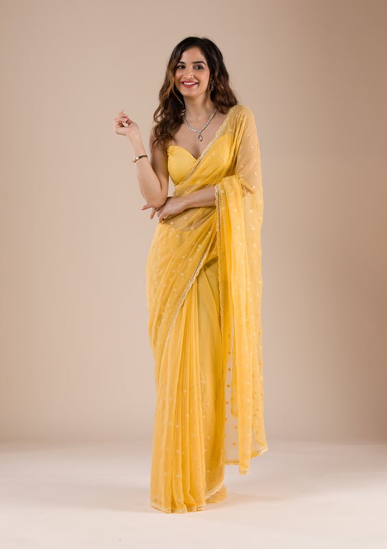 Mustard Chiffon Threadwork Saree With Matching Blouse Piece