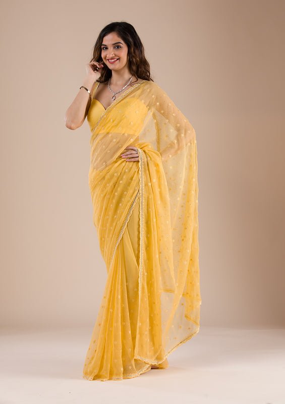 Mustard Chiffon Threadwork Saree With Matching Blouse Piece - Image 2