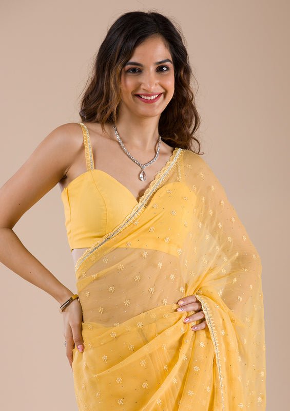 Mustard Chiffon Threadwork Saree With Matching Blouse Piece - Image 3