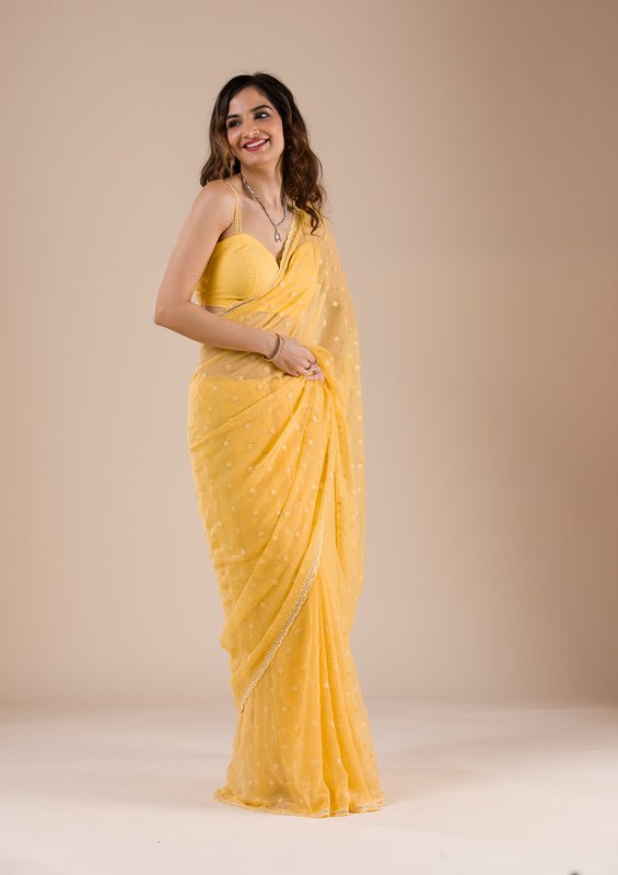 Mustard Chiffon Threadwork Saree With Matching Blouse Piece - Image 4