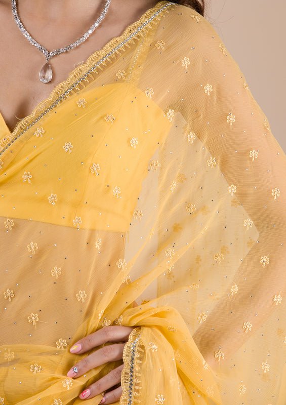 Mustard Chiffon Threadwork Saree With Matching Blouse Piece - Image 5