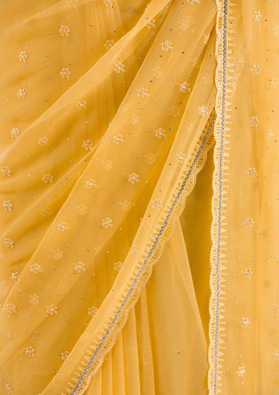 Mustard Chiffon Threadwork Saree With Matching Blouse Piece - Image 6
