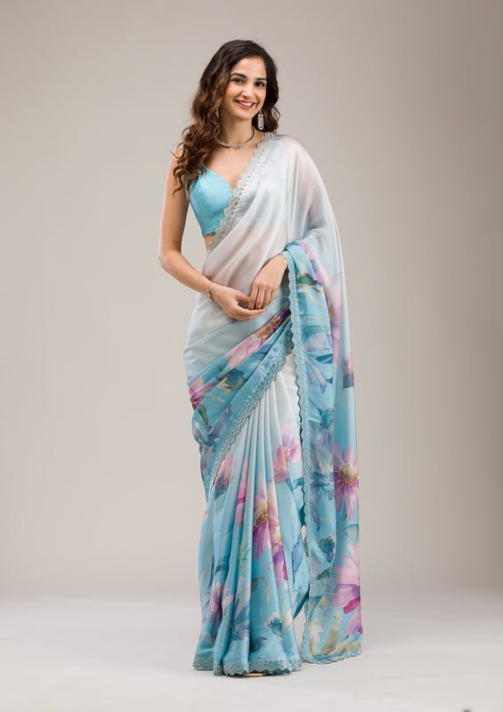 Sky Blue Satin Floral Printed Silver Stonework Saree With Matching Blouse Piece