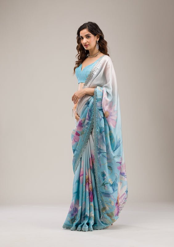 Sky Blue Satin Floral Printed Silver Stonework Saree With Matching Blouse Piece - Image 2