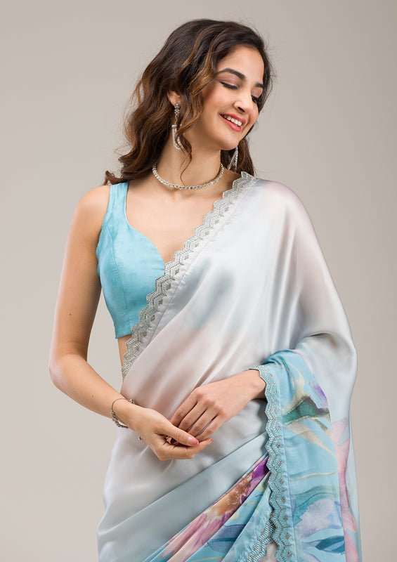 Sky Blue Satin Floral Printed Silver Stonework Saree With Matching Blouse Piece - Image 3